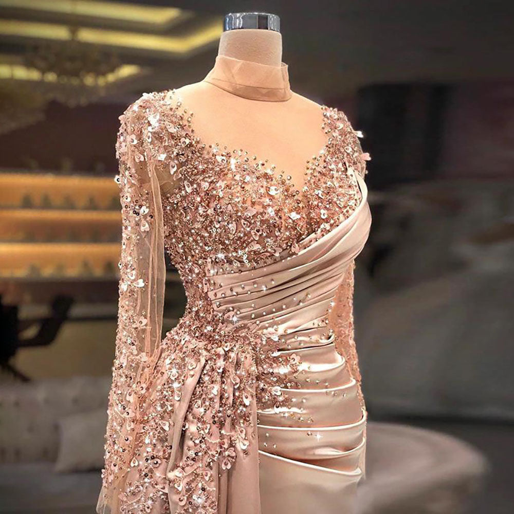 Gorgeous Long High Neck Beading Sequined Prom Dress With Long Sleeves