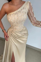 Gorgeous Long Mermaid Asymmetrical Satin Lace Front Slit Prom Dress with Sleeves