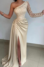 Gorgeous Long Mermaid Asymmetrical Satin Lace Front Slit Prom Dress with Sleeves