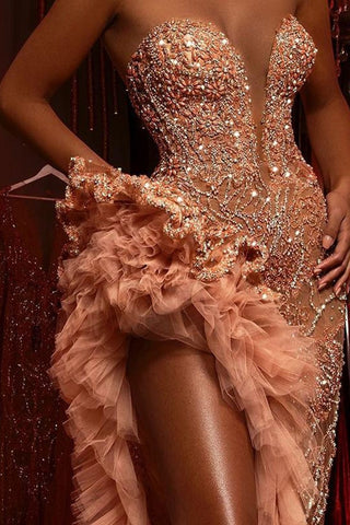 Gorgeous Long Mermaid Beading Sleeveless Front Split Prom Dress With Ruffles