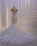 Prächtiges langes Meerjungfrau-Hochhals-Kleid mit Applikationen, Spitze, Kristallen und Tüll für die Hochzeit