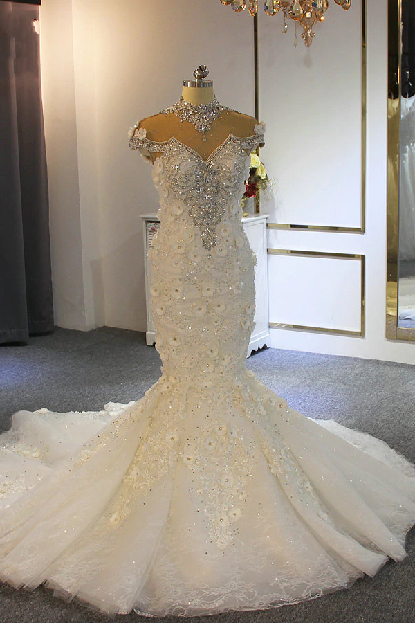 Prächtiges langes Meerjungfrau-Hochhals-Kleid mit Applikationen, Spitze, Kristallen und Tüll für die Hochzeit