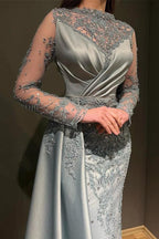 Gorgeous Long Mermaid Jewel Satin Appliques Lace Prom Dress with Sleeves by BIZTUNNEL