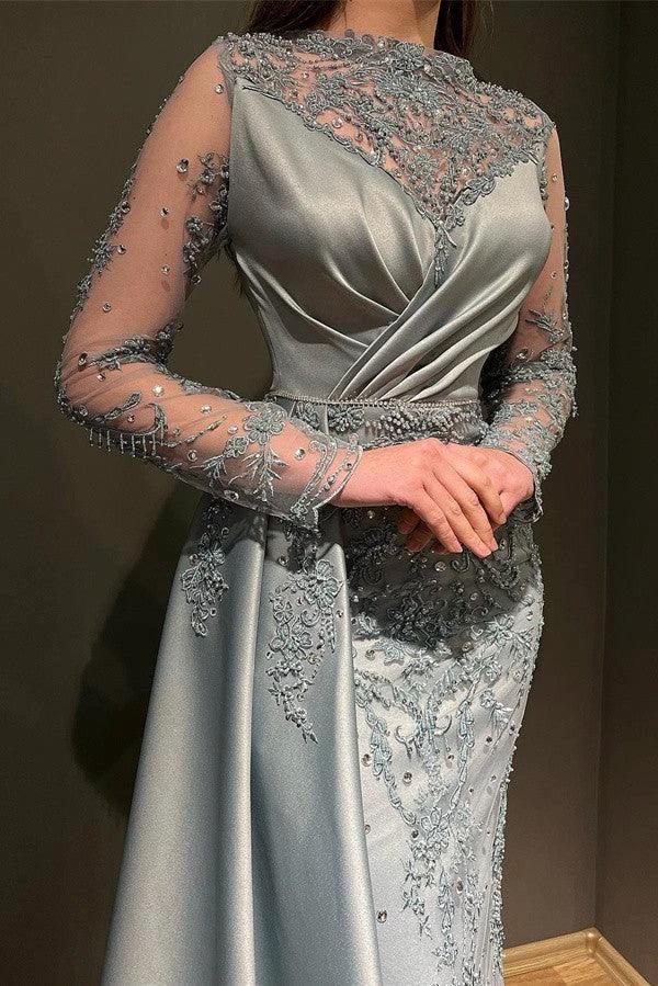 Gorgeous Long Mermaid Jewel Satin Appliques Lace Prom Dress with Sleeves by BIZTUNNEL