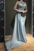 Gorgeous Long Mermaid Jewel Satin Appliques Lace Prom Dress with Sleeves by BIZTUNNEL