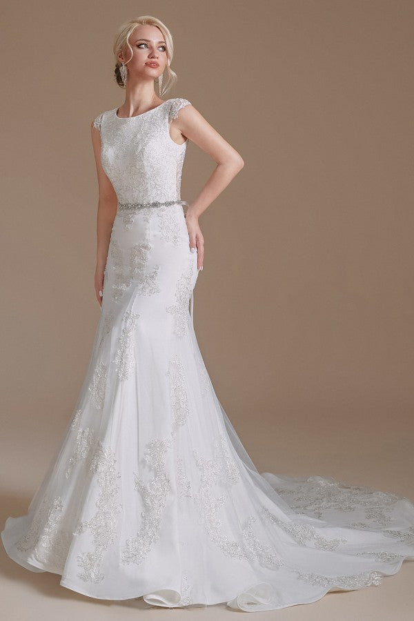 Prächtiges langes Meerjungfrau-Juwelen-Tüll-Spitzen-Brautkleid