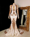 Vestido de fiesta formal de sirena con escote corazón largo y mangas con lentejuelas