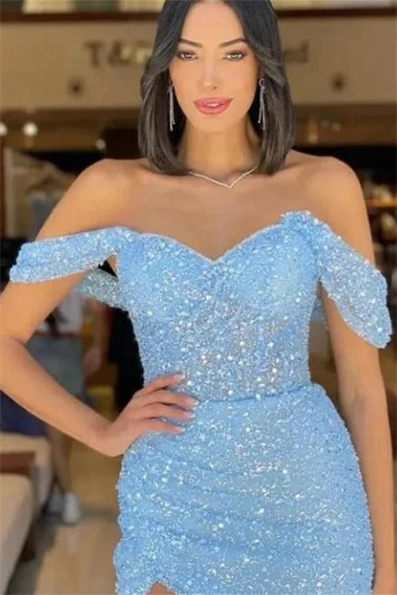 Gorgeous Long Mermaid Off-the-shoulder Sequined Formal Prom Dresses With Slit