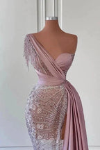 Gorgeous Long Mermaid One Shoulder Satin Beading Formal Prom Dresses by BIZTUNNEL