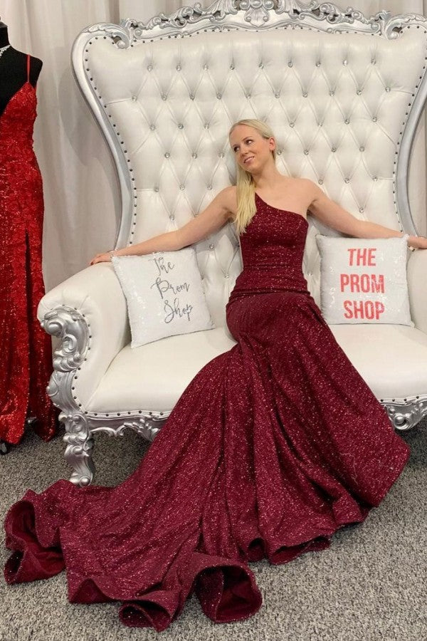 Wunderschöne lange Meerjungfrau One-Shoulder-Pailletten-Ballkleider