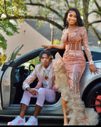 Gorgeous Long Mermaid Pink One Shoulder Long Sleeve Prom Dress With Slit