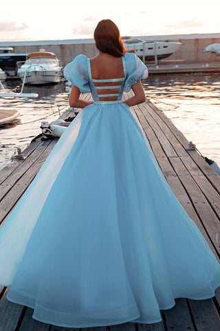 Gorgeous Long Mermaid Puffy Sleeves Sequins Prom Dress With Detachable Tulle Train