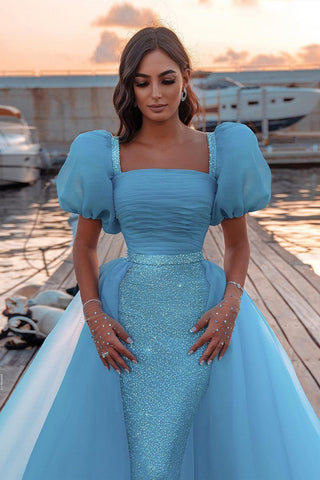 Gorgeous Long Mermaid Puffy Sleeves Sequins Prom Dress With Detachable Tulle Train