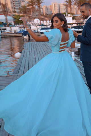 Gorgeous Long Mermaid Puffy Sleeves Sequins Prom Dress With Detachable Tulle Train