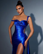 Gorgeous Long Mermaid Royal Blue One Shoulder Sequined Prom Dress With Slit