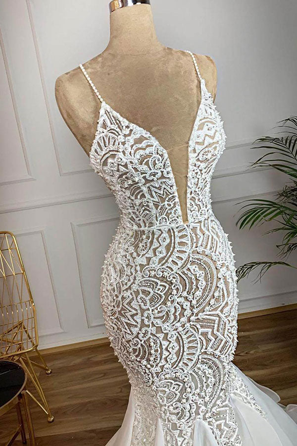 Prächtiges langes Meerjungfrau-Sweetheart-Kleid mit Perlenstickerei, Spitze und Organza für die Hochzeit