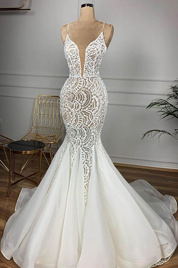 Prächtiges langes Meerjungfrau-Sweetheart-Kleid mit Perlenstickerei, Spitze und Organza für die Hochzeit