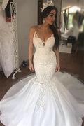 Prächtiges langes Meerjungfrauen-Brautkleid mit Herzausschnitt, Spitze, Knopfleiste und rückenfrei