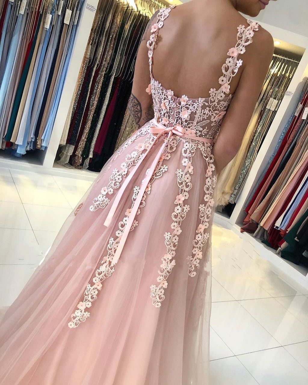 Gorgeous Long Open Back Tulle Lace A-line Prom Dress