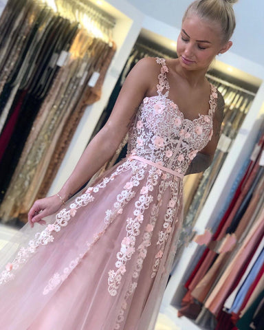 Gorgeous Long Open Back Tulle Lace A-line Prom Dress