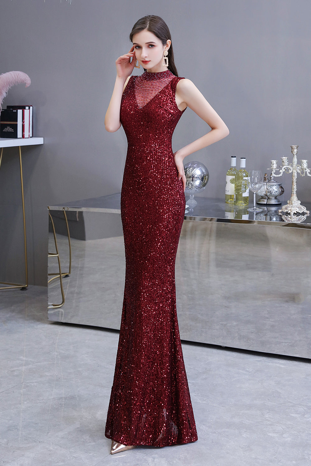 Gorgeous Mermaid Burgundy Sequins Long Prom Dress
