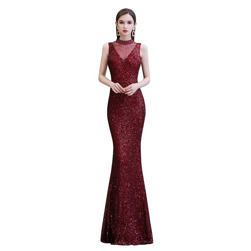 Gorgeous Mermaid Burgundy Sequins Long Prom Dress