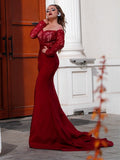 Splendidi Abiti da Ballo Spalla Scoperta con Maniche Lunghe, Elasticizzati in Satin Intrecciato e Decorati ad Appliqué a Sirena