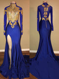 Splendidi Abiti da Ballo Collo Alto con Maniche Lunghe e Applique in Spandex a Tema Sirena