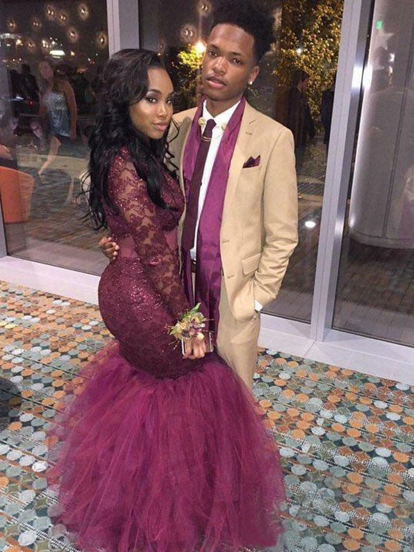 Wunderschöne Meerjungfrau Juwel Lange Ärmel Applikation Bodenlang Spitze Ballkleider