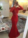 Preciosos vestidos de graduación sirena con mangas largas, escote redondo y faja/lazo/cinturón de encaje