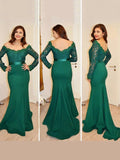 Splendidi Abiti da Ballo in Satin con Scollatura a Sirena, Spalle Scoperte, Maniche Lunghe e Applique
