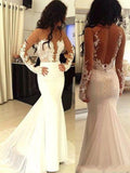 Hermosa sirena escote redondo chiffon mangas largas aplicado vestidos de gala