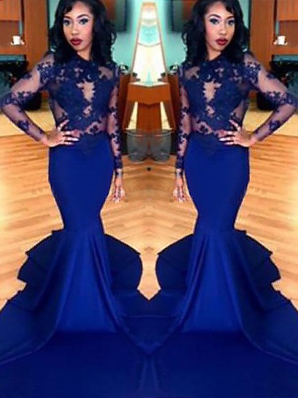 Gorgeous Mermaid Scoop Lace Elastic Woven Satin Long Sleeves Prom Dresses