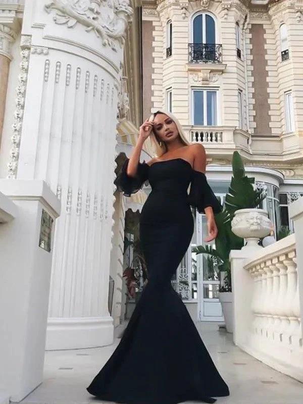 Gorgeous Mermaid Sleeveless Off-the-Shoulder Floor-Length Ruffles Stretch Crepe Prom Dresses by misshow.com