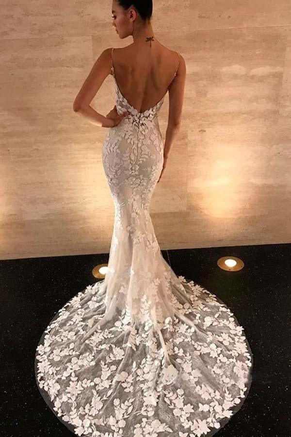 Prächtige Meerjungfrauen-Brautkleider mit Trägern, offenem Rücken und Spitze