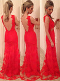 Robe longue dos nu sans manches en dentelle avec applique en V sirène magnifique