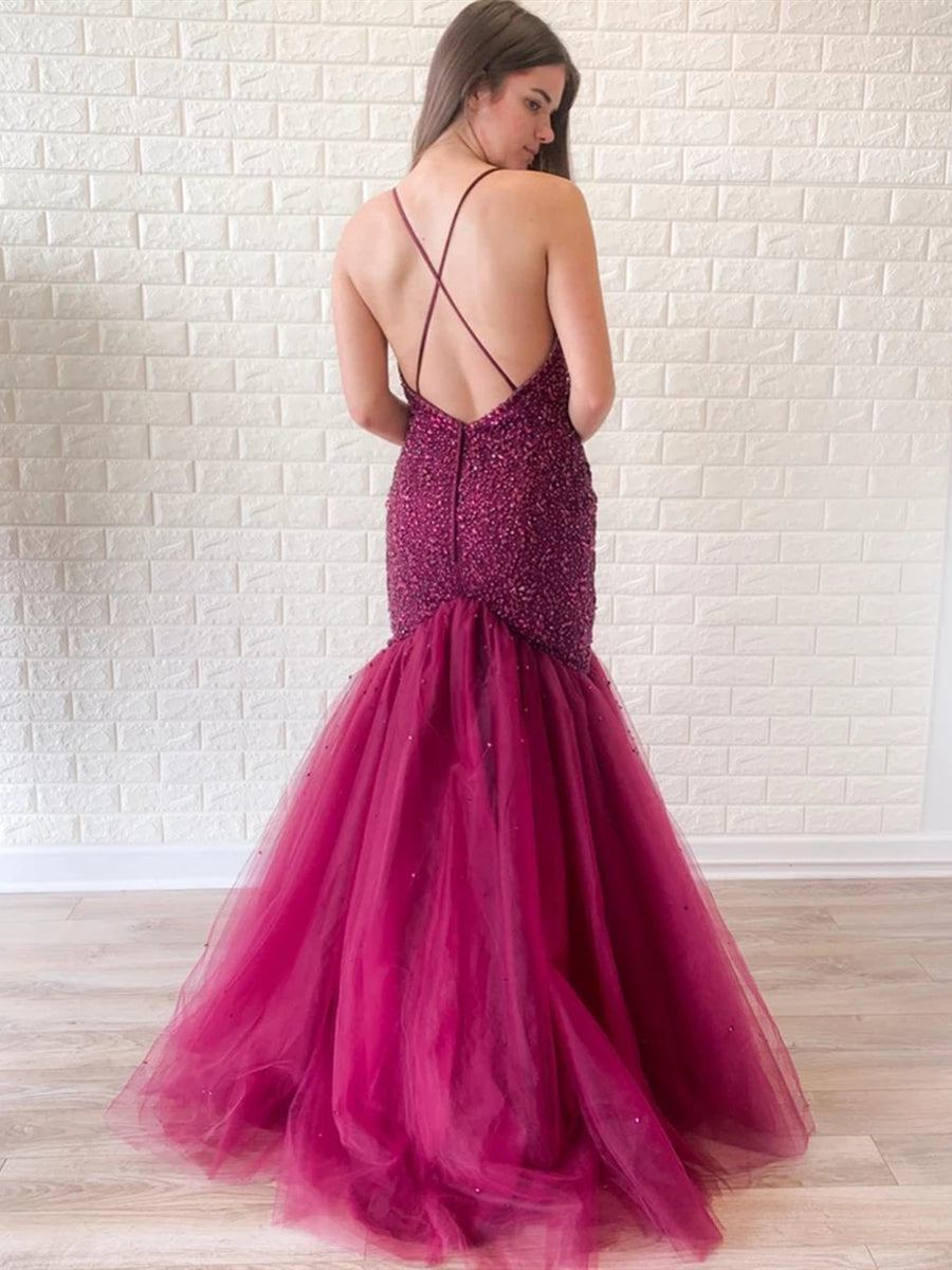 Gorgeous Mermaid V Neck Backless Tulle Beaded Backless Long Prom Dresses