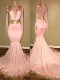 Splendidi Abiti da Ballo con Scollo a V, Maniche Lunghe, in Satin Similseta e Applique a Sirena