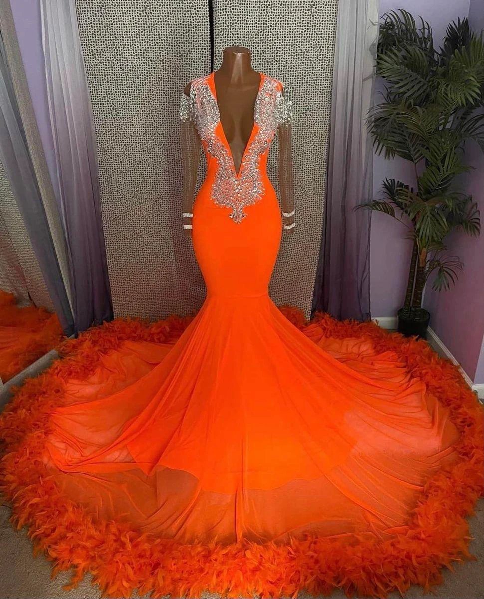 Magnifique Robe de Bal Sirène Orange à Franges, Col en V et Manches Longues en Dentelle