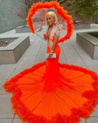 Magnifique Robe de Bal Sirène Orange à Franges, Col en V et Manches Longues en Dentelle