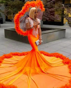 Magnifique Robe de Bal Sirène Orange à Franges, Col en V et Manches Longues en Dentelle