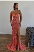 Deslumbrante Vestido de Noche Largo de Sirena Sin Mangas con Escote Corazón y Abertura de Lentejuelas