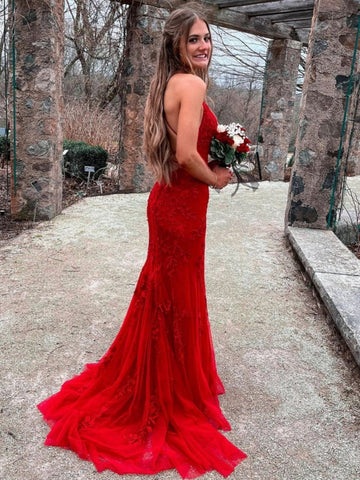 Lindos vestidos de baile compridos vermelhos com renda e costas nuas