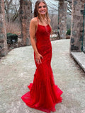Splendidi Abiti da Ballo Lunghi Sirena Rosso Sfavillante Senza Schienale in Pizzo