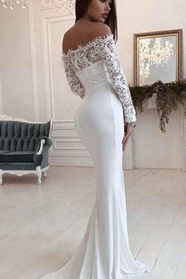 Atemberaubendes Schaufel-Ausschnitt Weiß Meerjungfrau-Lang Hochzeitskleid