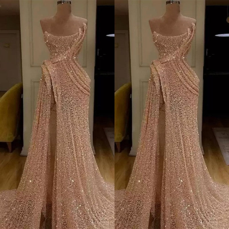 Gorgeous Sequin Split Strapless Long Prom Dress