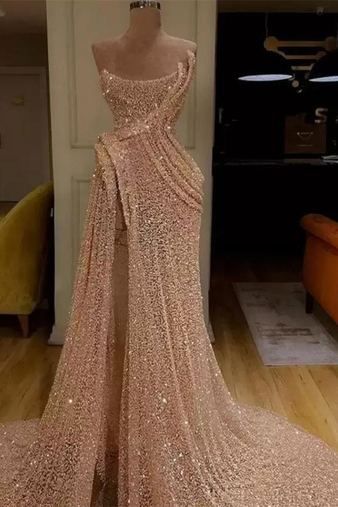 Gorgeous Sequin Split Strapless Long Prom Dress