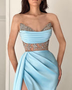 Gorgeous Sky Blue Long Satin Strapless Mermaid Evening Dress with Split