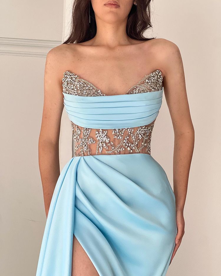 Gorgeous Sky Blue Long Satin Strapless Mermaid Evening Dress with Split