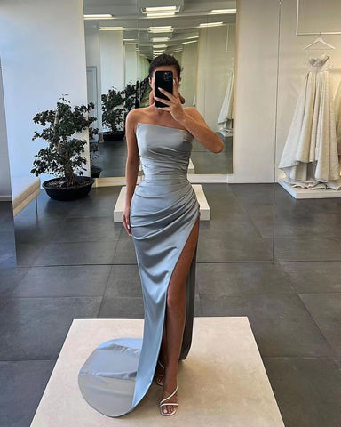 Gorgeous Red Sleeveless Satin Long Mermaid Evening Dress with Split